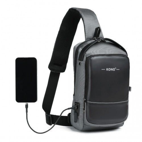 Kono Smart Sling Chest Bag with USB Charging Port Lightweight Single Strap Crossbody Backpack for Daily Use Ideal for Men and Women - Grey And Black