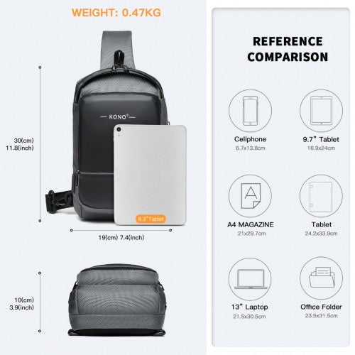 Kono Smart Sling Chest Bag with USB Charging Port Lightweight Single Strap Crossbody Backpack for Daily Use Ideal for Men and Women - Grey And Black