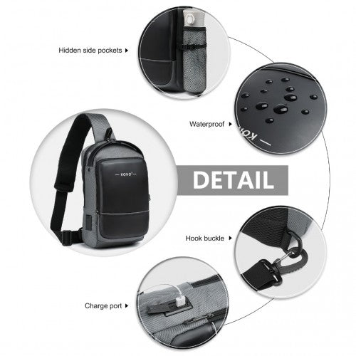 Kono Smart Sling Chest Bag with USB Charging Port Lightweight Single Strap Crossbody Backpack for Daily Use Ideal for Men and Women - Grey And Black