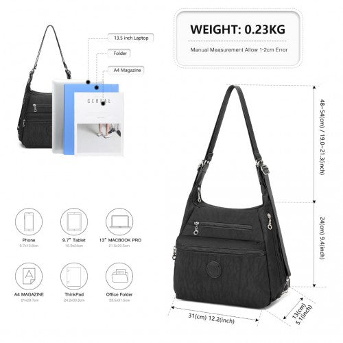 Kono Three Way Multipurpose Casual Shoulder Bag With Double Zippers - Black