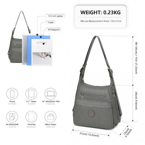 Kono Three Way Multipurpose Casual Shoulder Bag With Double Zippers - Grey