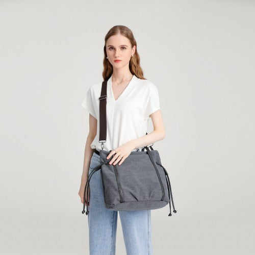 Kono Large Capacity Canvas And Leather Fusion Shoulder Tote Bag - Black