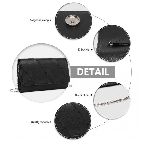 Miss Lulu Stylish Twill Clutch Leather Chain Evening Bag - Black