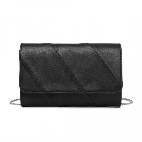 Miss Lulu Stylish Twill Clutch Leather Chain Evening Bag - Black