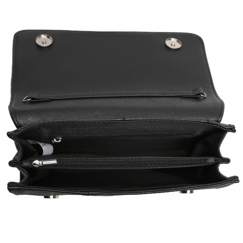 Miss Lulu Stylish Twill Clutch Leather Chain Evening Bag - Black