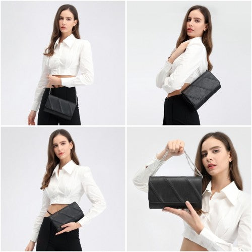 Miss Lulu Stylish Twill Clutch Leather Chain Evening Bag - Black