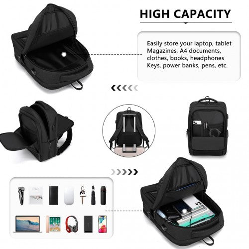 Kono Multi - Compartment Backpack with USB Port - Black