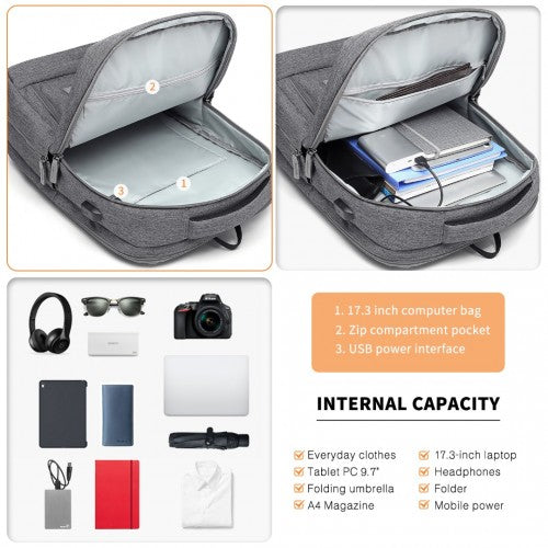 Kono Multi - Compartment Backpack with USB Port - Grey