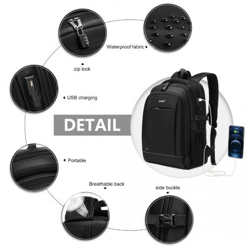 Kono Functional Travel Backpack With USB Charging Port - Black