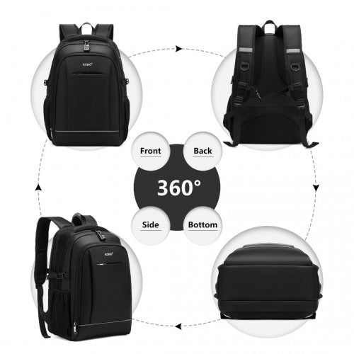 Kono Functional Travel Backpack With USB Charging Port - Black