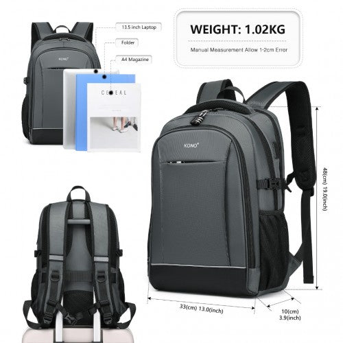 Kono Functional Travel Backpack With USB Charging Port - Grey