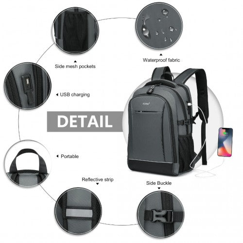 Kono Functional Travel Backpack With USB Charging Port - Grey