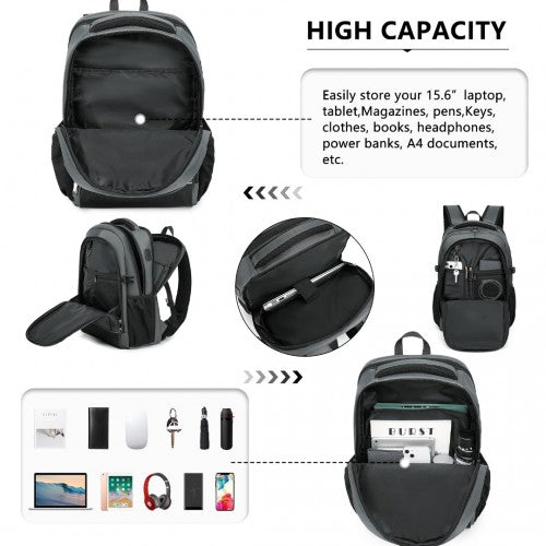 Kono Functional Travel Backpack With USB Charging Port - Grey