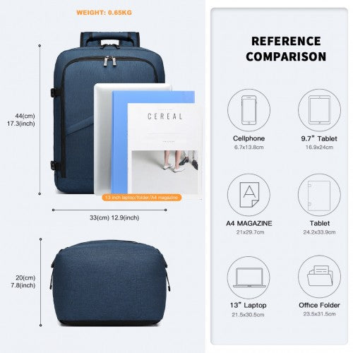 Kono Lightweight Cabin Bag Travel Business Backpack - Navy