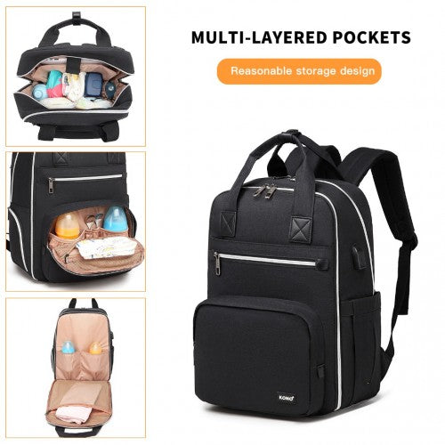 Kono Classic Multi Functional Changing Backpack With USB Charging Interface - Black