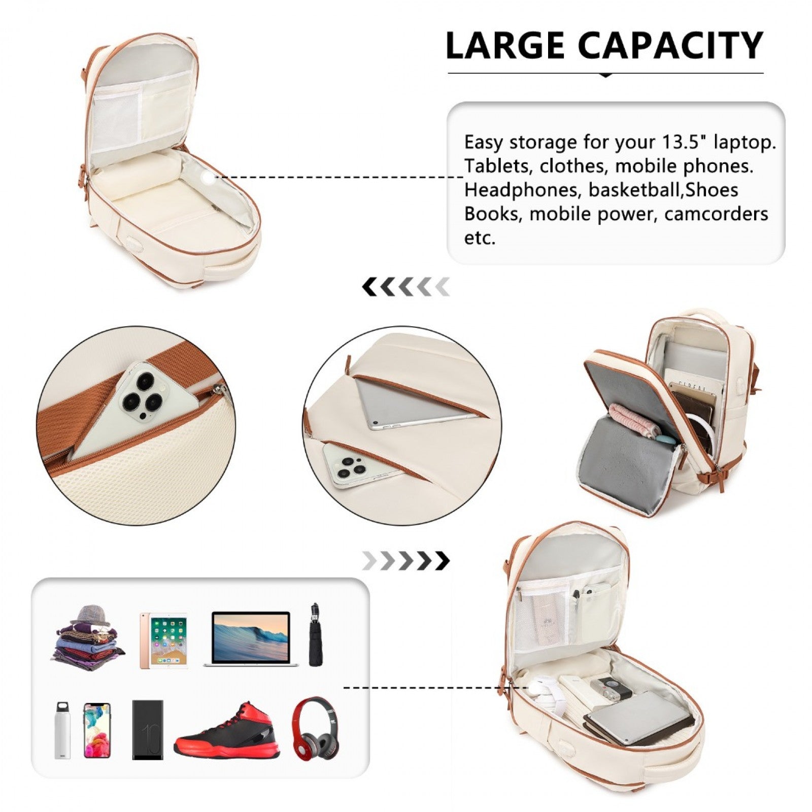 Kono Multi - Functional Breathable Travel Backpack With USB Charging Port And Separate Shoe Compartment - Beige And Brown