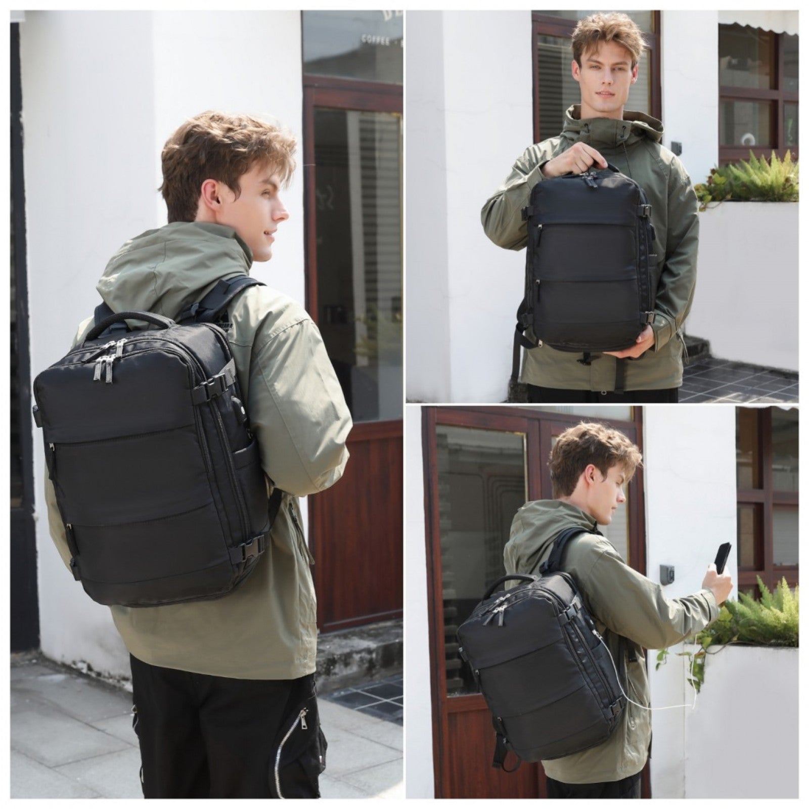 Kono Multi - Functional Breathable Travel Backpack With USB Charging Port And Separate Shoe Compartment - Black, Grey & Beige