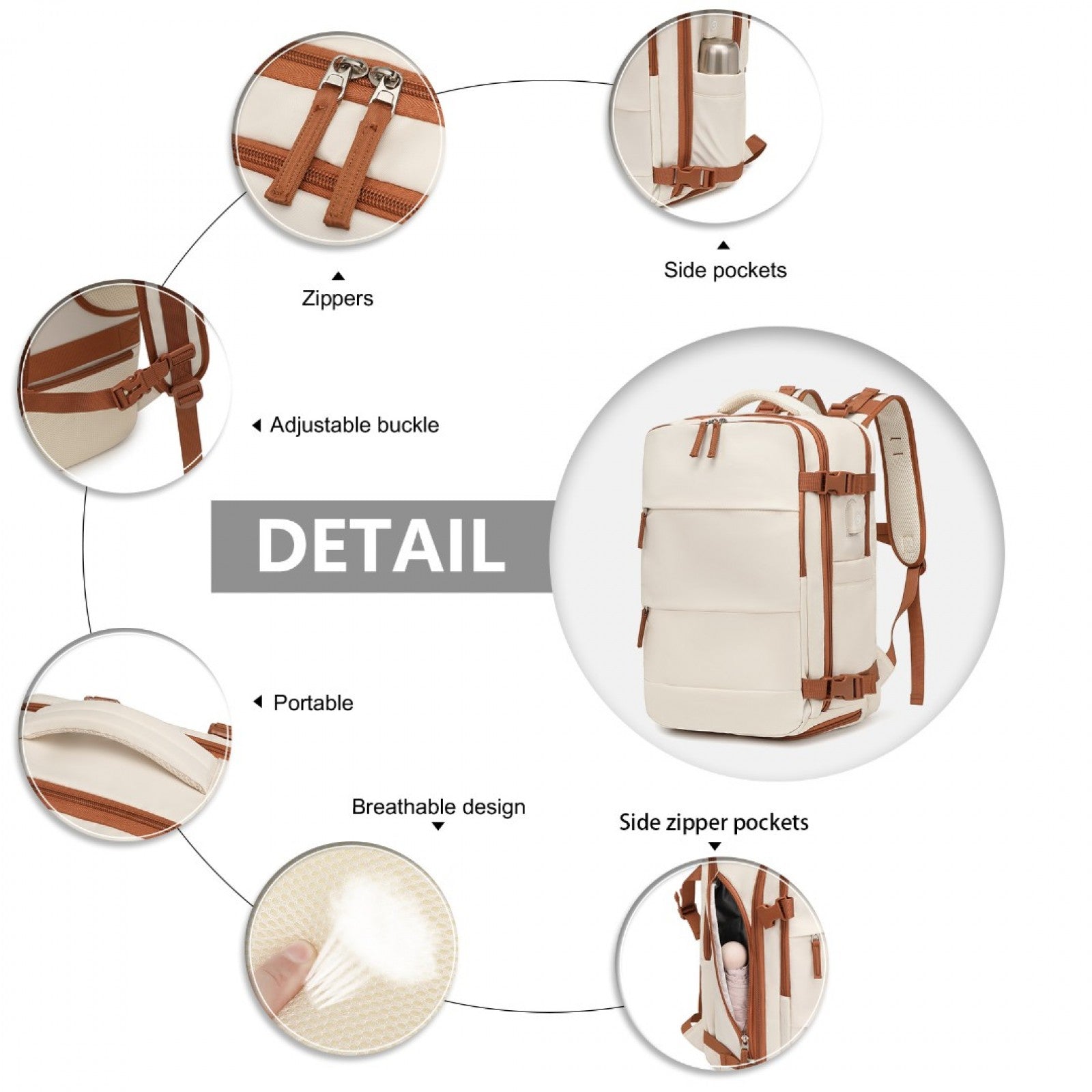 Kono Multi - Functional Breathable Travel Backpack With USB Charging Port And Separate Shoe Compartment - Beige And Brown