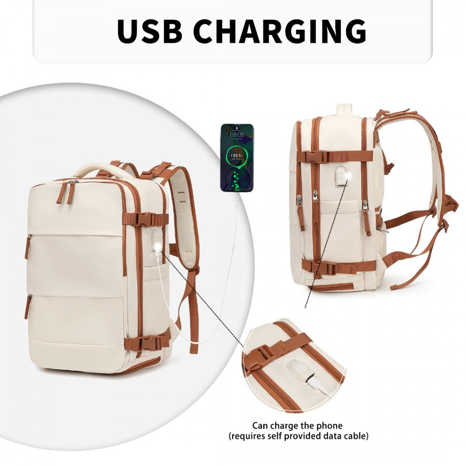Kono Multi - Functional Breathable Travel Backpack With USB Charging Port And Separate Shoe Compartment - Beige And Brown