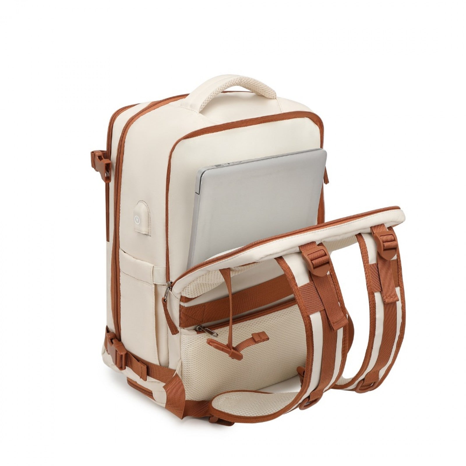 Kono Multi - Functional Breathable Travel Backpack With USB Charging Port And Separate Shoe Compartment - Beige And Brown