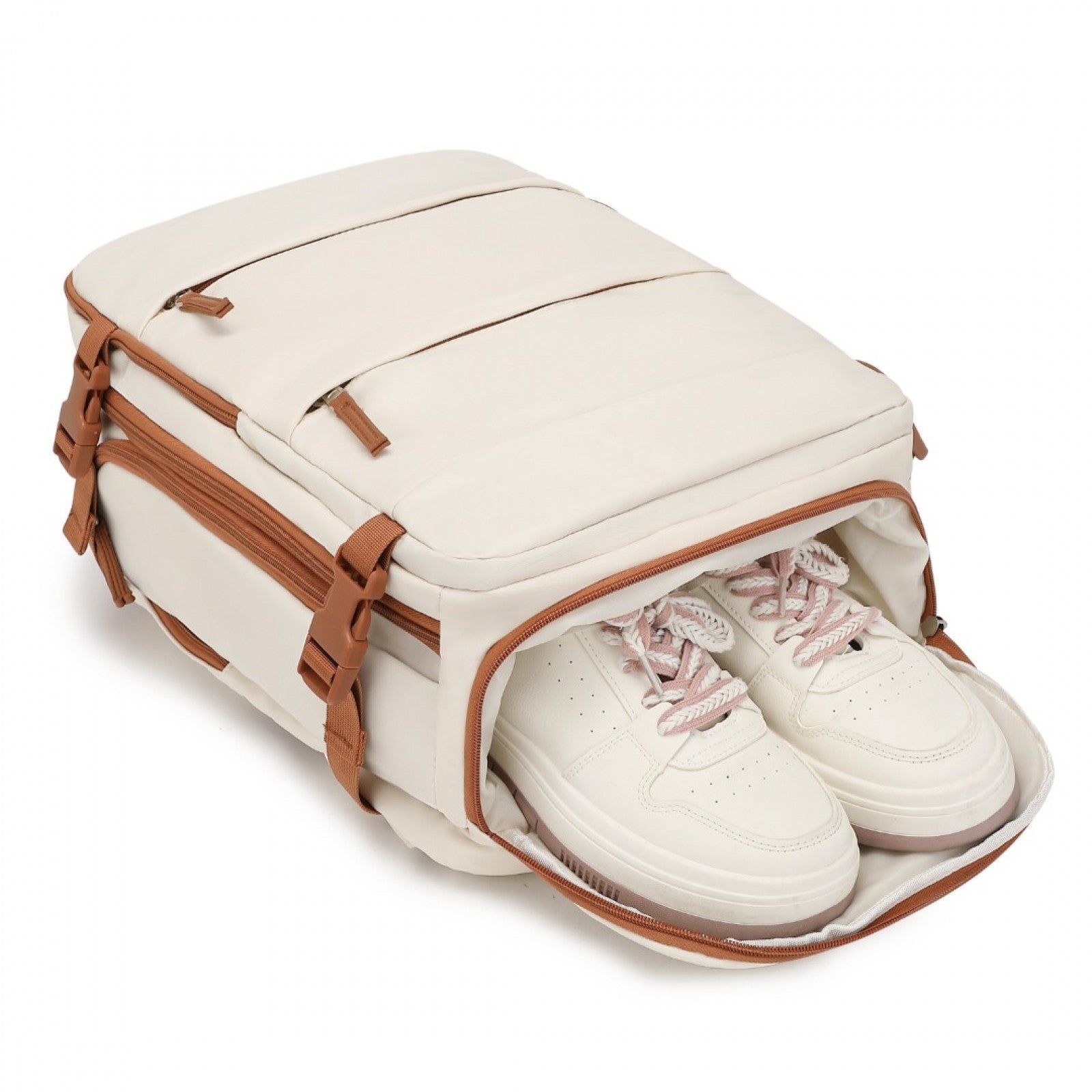 Kono Multi - Functional Breathable Travel Backpack With USB Charging Port And Separate Shoe Compartment - Beige And Brown