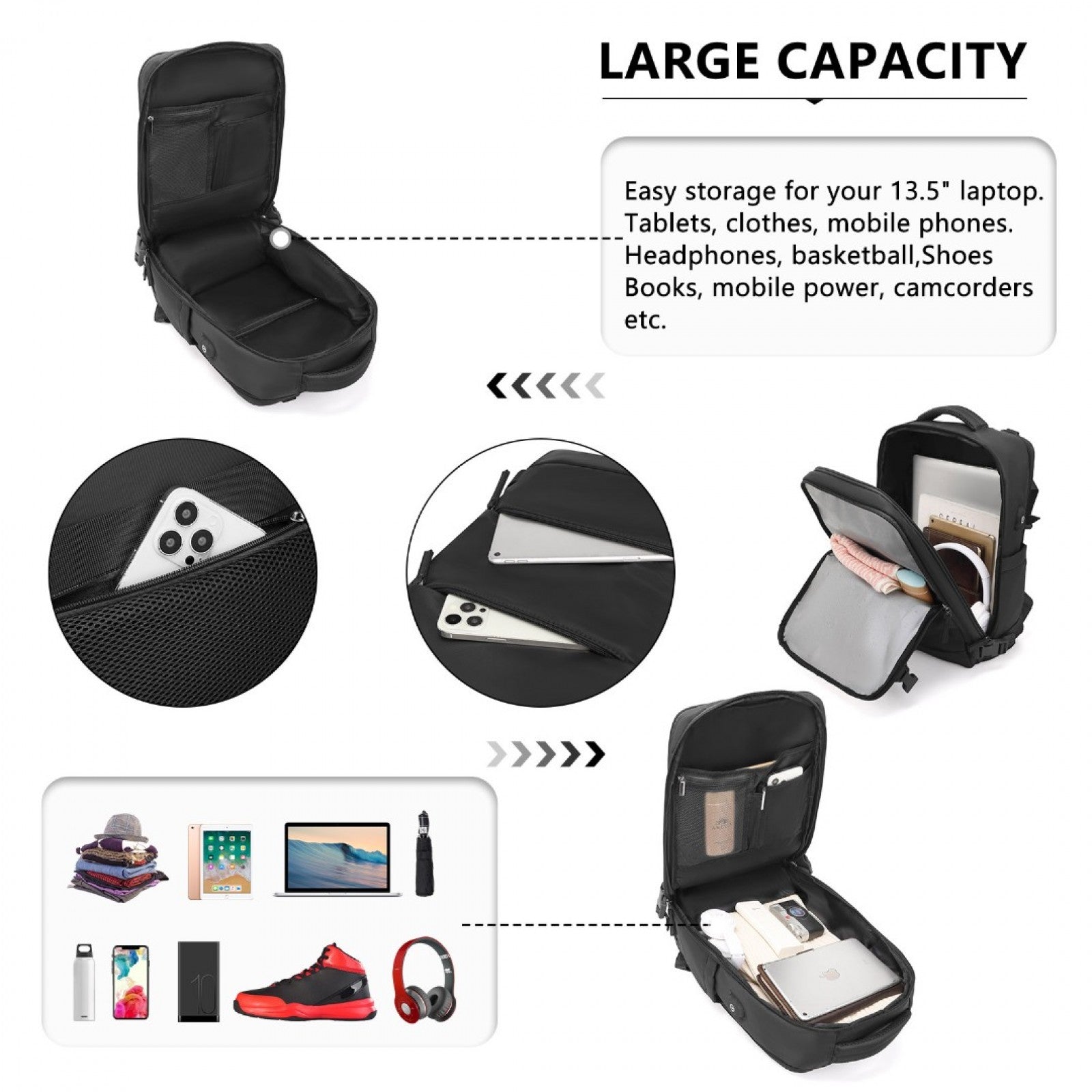 Kono Multi - Functional Breathable Travel Backpack With USB Charging Port And Separate Shoe Compartment - Black, Grey & Beige