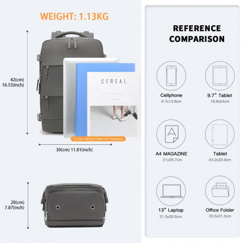 Kono Multi - Functional Breathable Travel Backpack With USB Charging Port And Separate Shoe Compartment - Grey