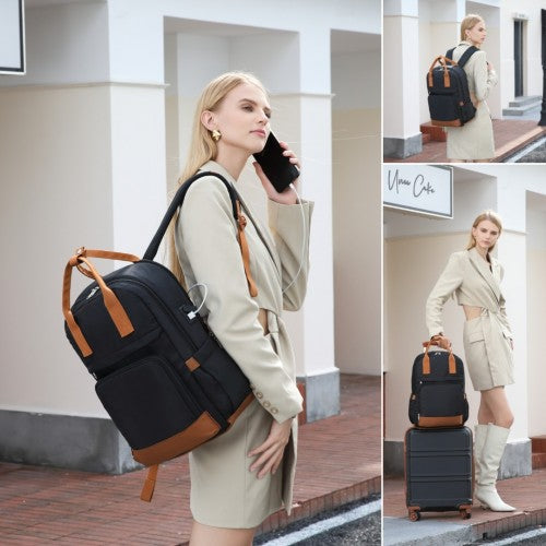 Kono Multi - Compartment Laptop Backpack with Type - C USB Charging Port and Small Pouch for Daily Commute and Travel - Black And Brown