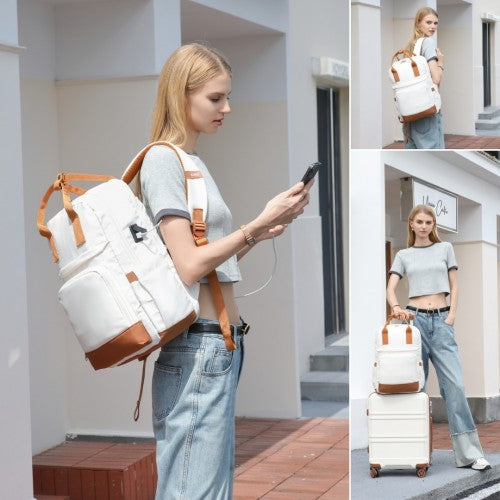 Kono Multi - Compartment Laptop Backpack with Type - C USB Charging Port and Small Pouch for Daily Commute and Travel - Cream And Brown