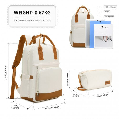 Kono Multi - Compartment Laptop Backpack with Type - C USB Charging Port and Small Pouch for Daily Commute and Travel - Cream And Brown