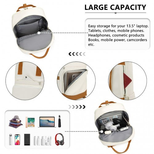 Kono Multi - Compartment Laptop Backpack with Type - C USB Charging Port and Small Pouch for Daily Commute and Travel - Cream And Brown