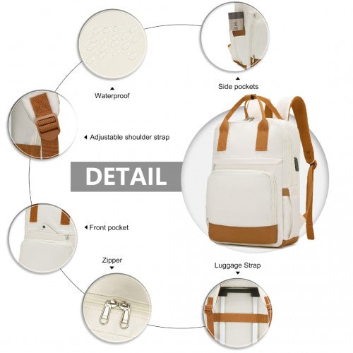 Kono Multi - Compartment Laptop Backpack with Type - C USB Charging Port and Small Pouch for Daily Commute and Travel - Cream And Brown