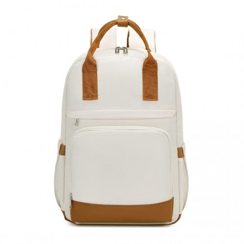 Kono Multi - Compartment Laptop Backpack with Type - C USB Charging Port and Small Pouch for Daily Commute and Travel - Cream And Brown