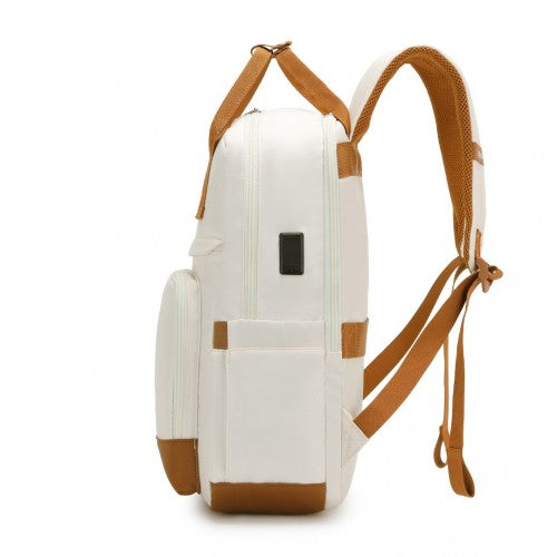Kono Multi - Compartment Laptop Backpack with Type - C USB Charging Port and Small Pouch for Daily Commute and Travel - Cream And Brown