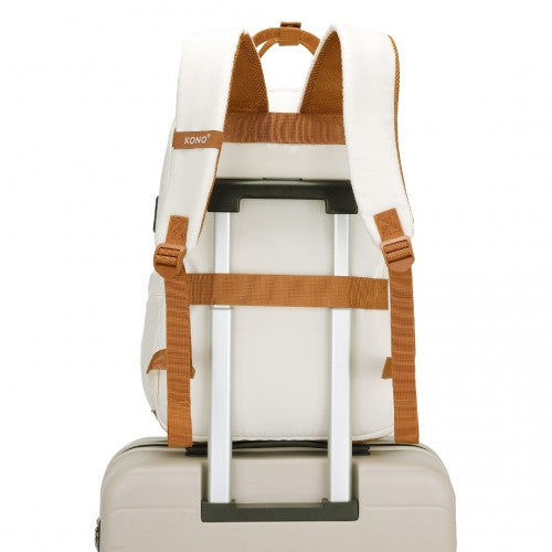 Kono Multi - Compartment Laptop Backpack with Type - C USB Charging Port and Small Pouch for Daily Commute and Travel - Cream And Brown