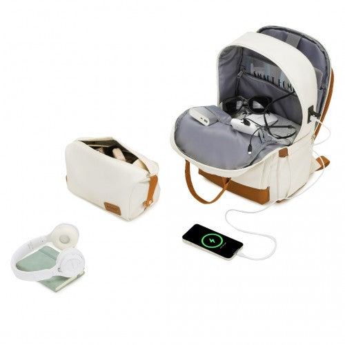 Kono Multi - Compartment Laptop Backpack with Type - C USB Charging Port and Small Pouch for Daily Commute and Travel - Cream And Brown