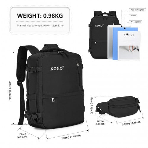 Kono Ultimate Traveler's Backpack with Detachable Waist Pack and Integrated USB/Type - C Charging Ports - Black