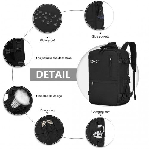 Kono Ultimate Traveler's Backpack with Detachable Waist Pack and Integrated USB/Type - C Charging Ports - Black