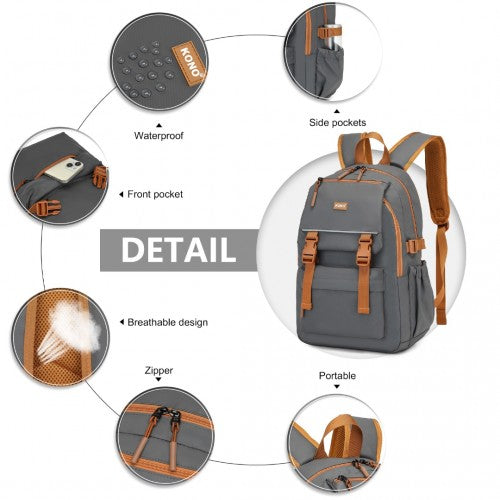 Kono PVC Coated Urban Water - Resistant Backpack with Reflective Safety Straps and Multi - Compartment Design - Grey and Brown