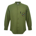 Front view of the Forest Green Nomad Sari Kathmandu Shirt showing the collarless neckline and hand-painted pocket detail.