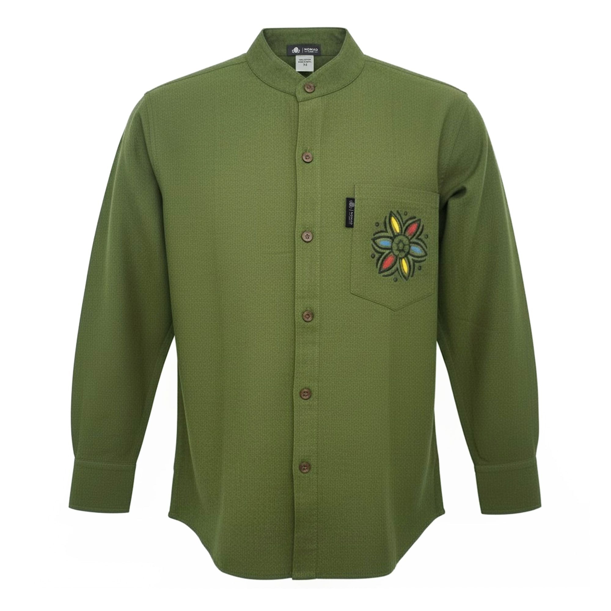Front view of the Forest Green Nomad Sari Kathmandu Shirt showing the collarless neckline and hand-painted pocket detail.