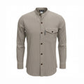 Front view of a Grey Stone Nomad Sari Grandad Shirt with soft vertical stripes and a collarless neckline on breathable cotton.