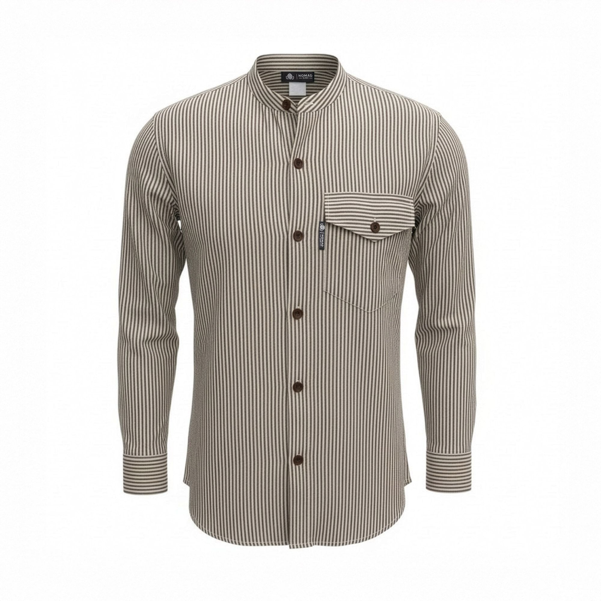 Front view of a Grey Stone Nomad Sari Grandad Shirt with soft vertical stripes and a collarless neckline on breathable cotton.