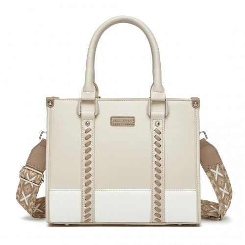 Miss Lulu PU Leather Graceful Spacious Tote Bag with Woven Trim and Detachable Ethnic Strap - Beige