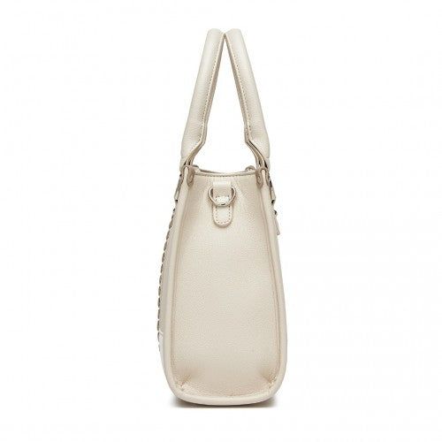 Miss Lulu PU Leather Graceful Spacious Tote Bag with Woven Trim and Detachable Ethnic Strap - Beige