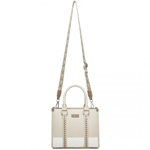 Miss Lulu PU Leather Graceful Spacious Tote Bag with Woven Trim and Detachable Ethnic Strap - Beige
