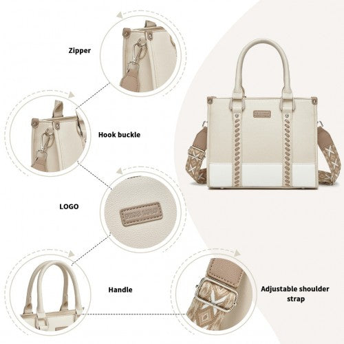 Miss Lulu PU Leather Graceful Spacious Tote Bag with Woven Trim and Detachable Ethnic Strap - Beige