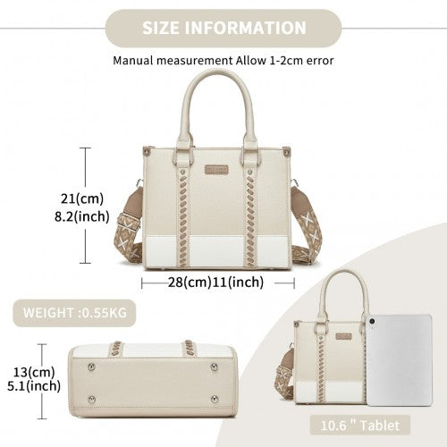Miss Lulu PU Leather Graceful Spacious Tote Bag with Woven Trim and Detachable Ethnic Strap - Beige