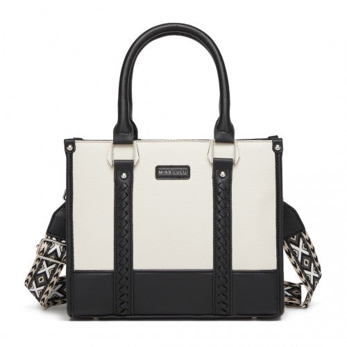 Miss Lulu PU Leather Graceful Spacious Tote Bag with Woven Trim and Detachable Ethnic Strap - Black