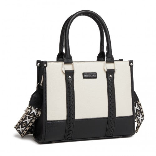 Miss Lulu PU Leather Graceful Spacious Tote Bag with Woven Trim and Detachable Ethnic Strap - Black